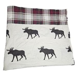 HD Designs Moose Print Plaid Border Blanket 68"x64" Creme Brown Red 100% Cotton